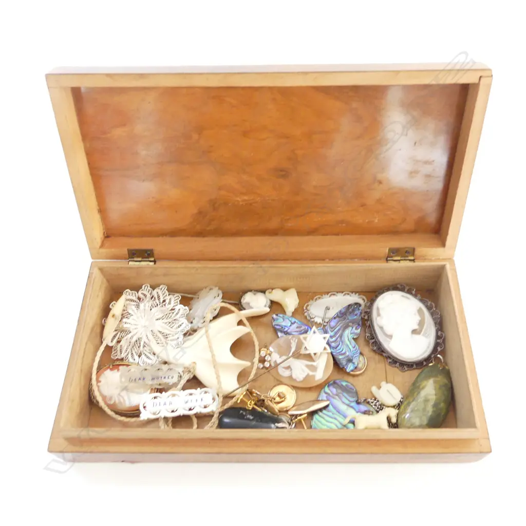 INLAID BOX w. ASST. COSTUME JEWELLERY & (GOLD  STUD EARRINGS 1.4 GRAMS) Image 1++
