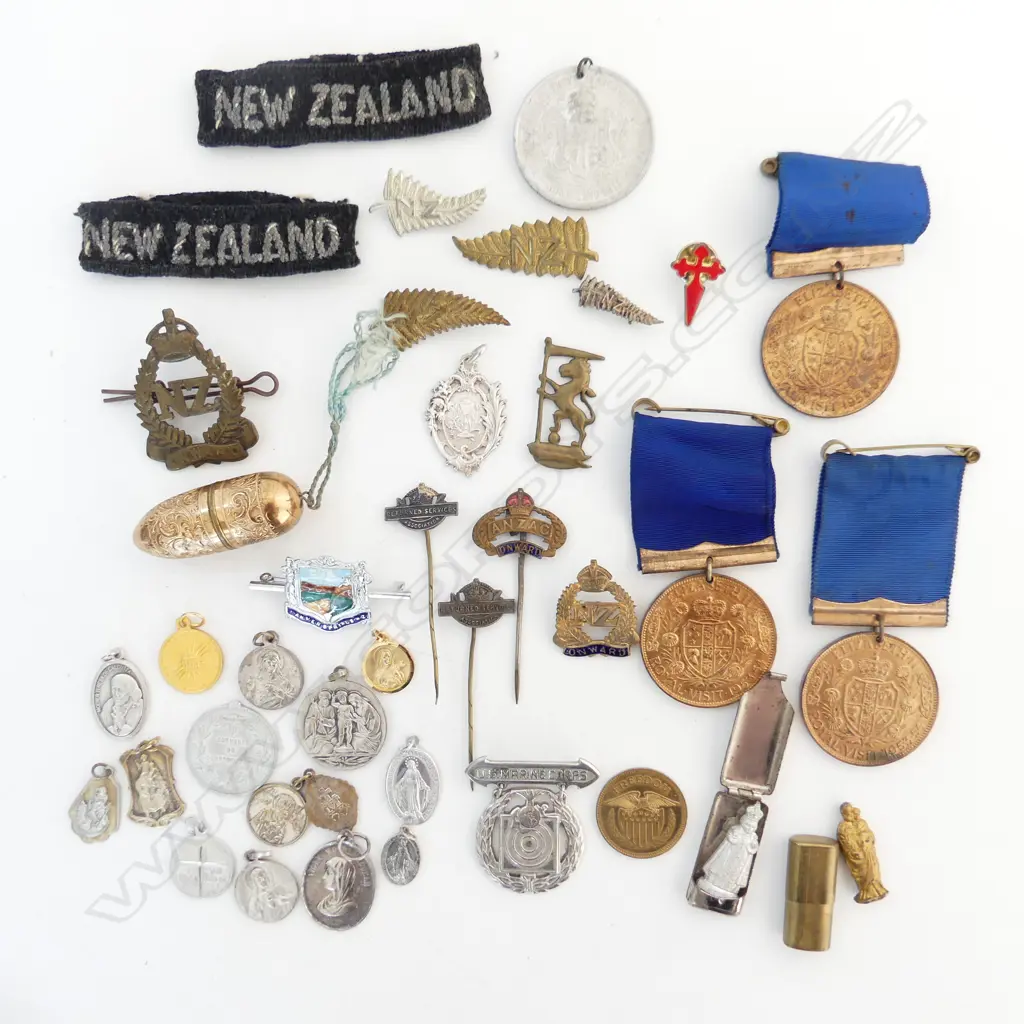 BAG ASST. RELIGIOUS TOKENS, NZ MILITARY PINS, MEDALS INCL. 3 1953 ROYAL VISIT ETC Image 1++