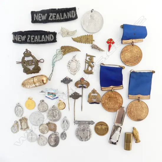 BAG ASST. RELIGIOUS TOKENS, NZ MILITARY PINS, MEDALS INCL. 3 1953 ROYAL VISIT ETC