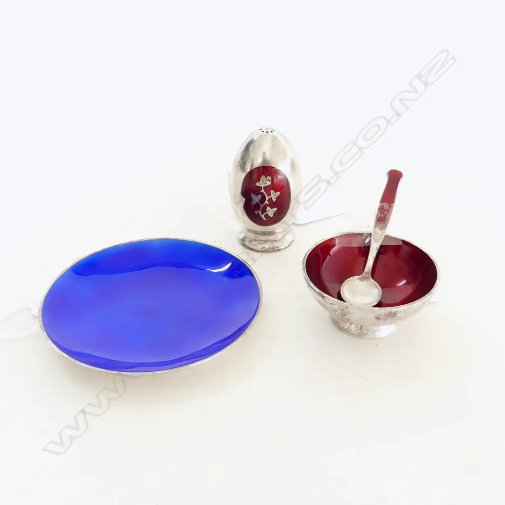 2 DANISH & 1 NORWAY S/SILVER & ENAMEL  CONDIMENTS TOTAL WEIGHT 174GMS Image 1++