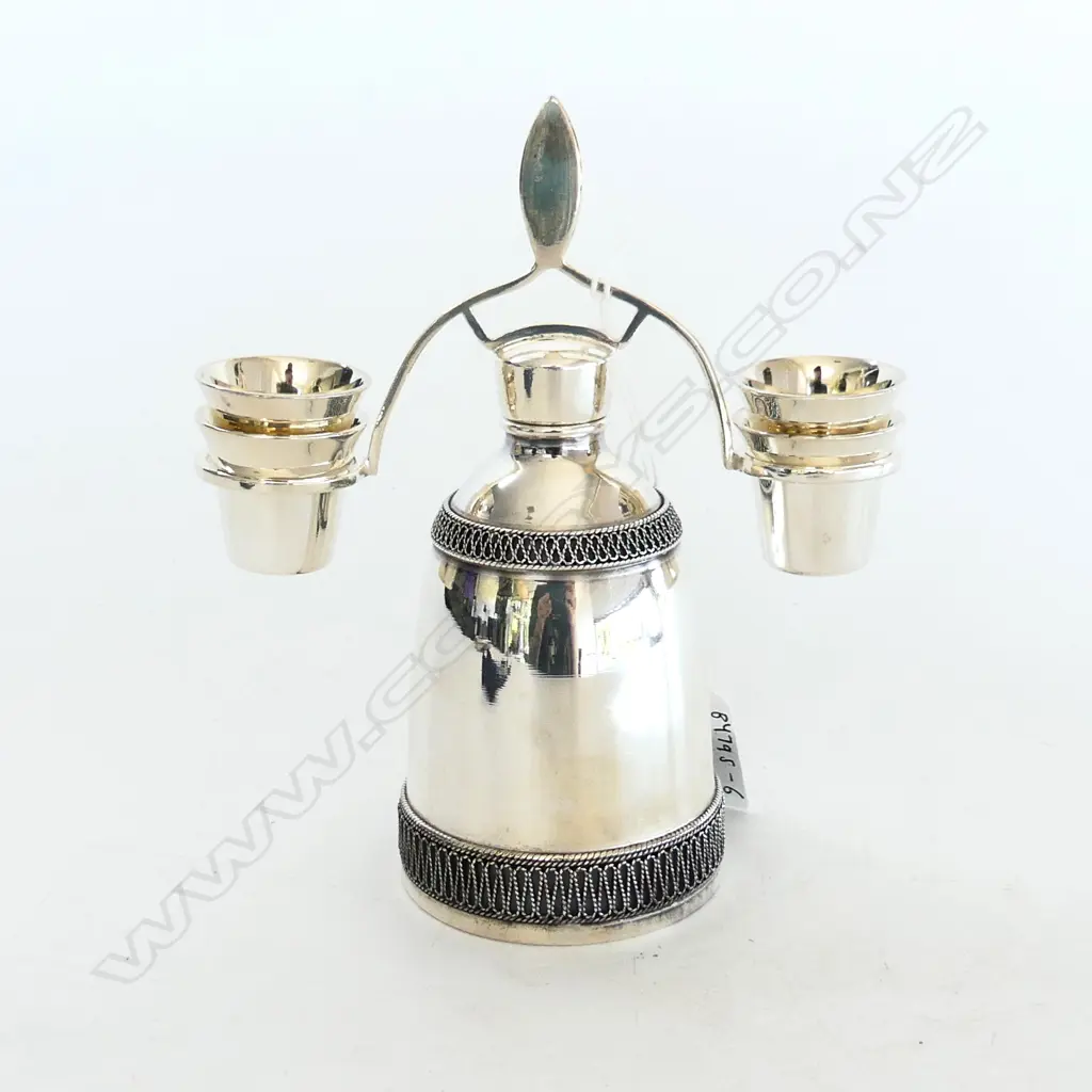 SILVER PLATE & FILIGREE VODKA SET, BOTTLE & 4 SHOT GLASSES, H.145mm Image 1++