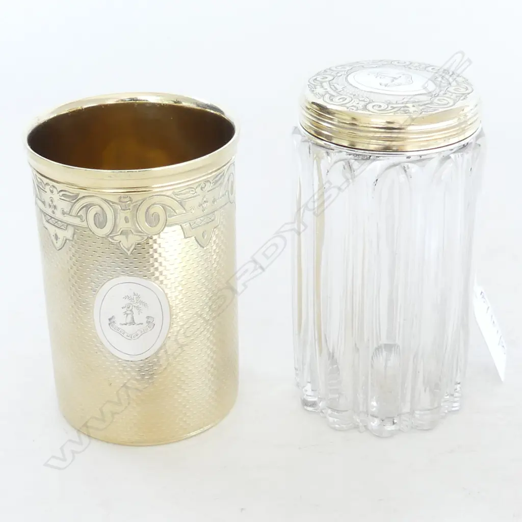 SILVER GILT LIDDED CRYSTAL CONTAINER & BEAKER H.120mm, LONDON 1862  229gm Image 1++