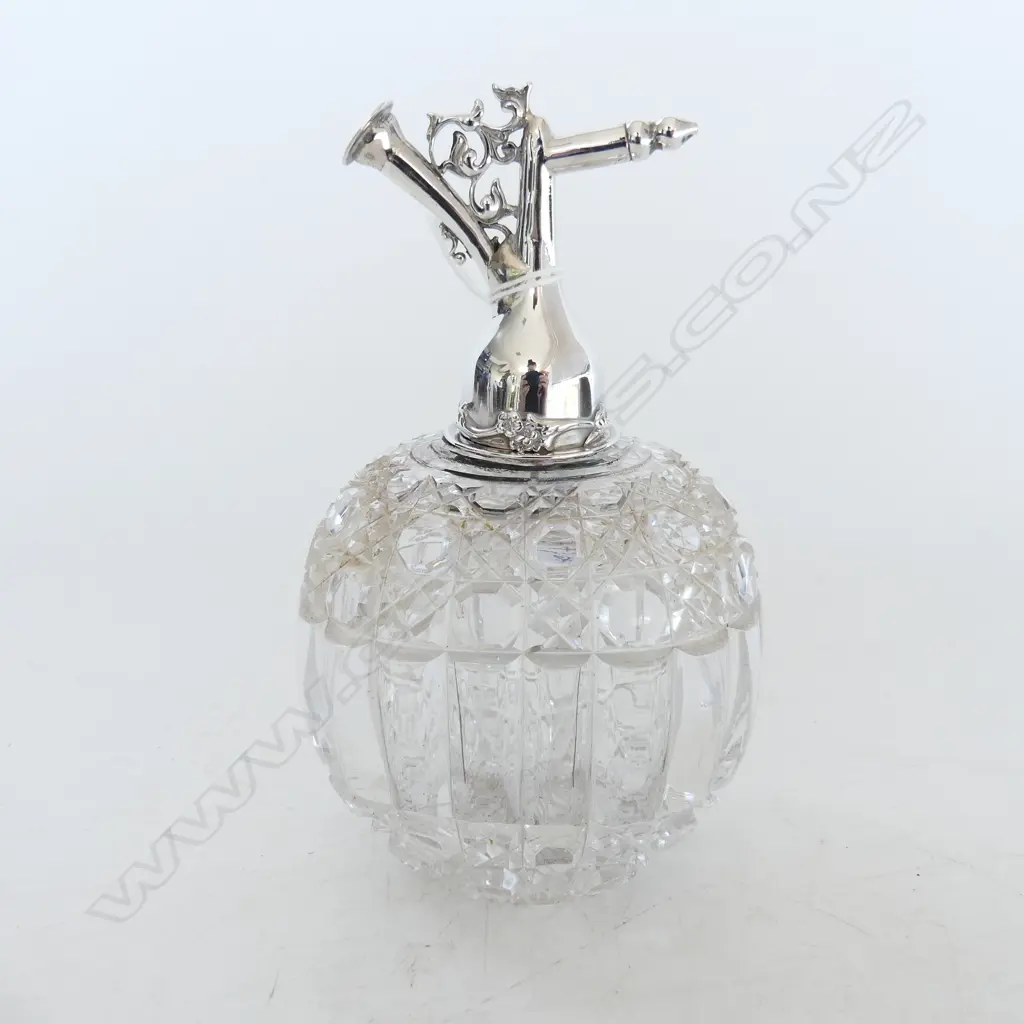 ANTIQUE CRYSTAL PERFUME BOTTLE w. STERLING ATOMISER H.165mm Image 1++
