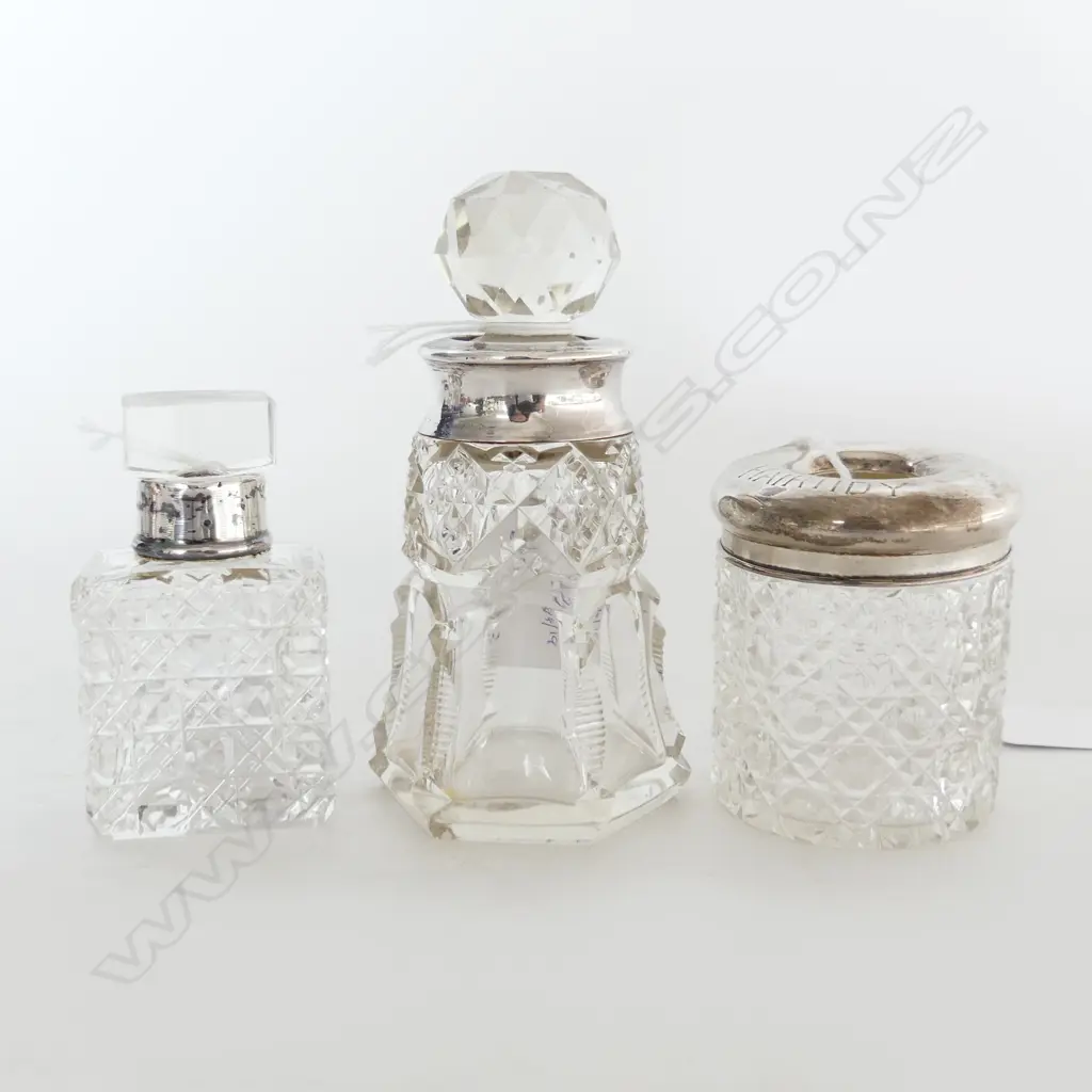 2 S/SILVER BANDED SCENT BOTTLES & S/SILVER TOPPED HAIR TIDY  Image 1++