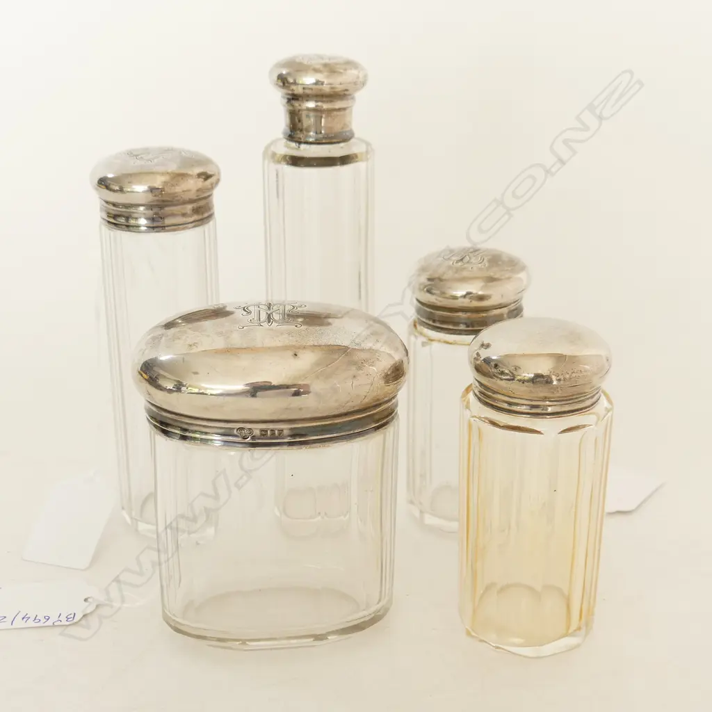 5 S/SILVER TOPPED DRESSING TABLE BOTTLES SILVER WIEGHT145GMS Image 1++