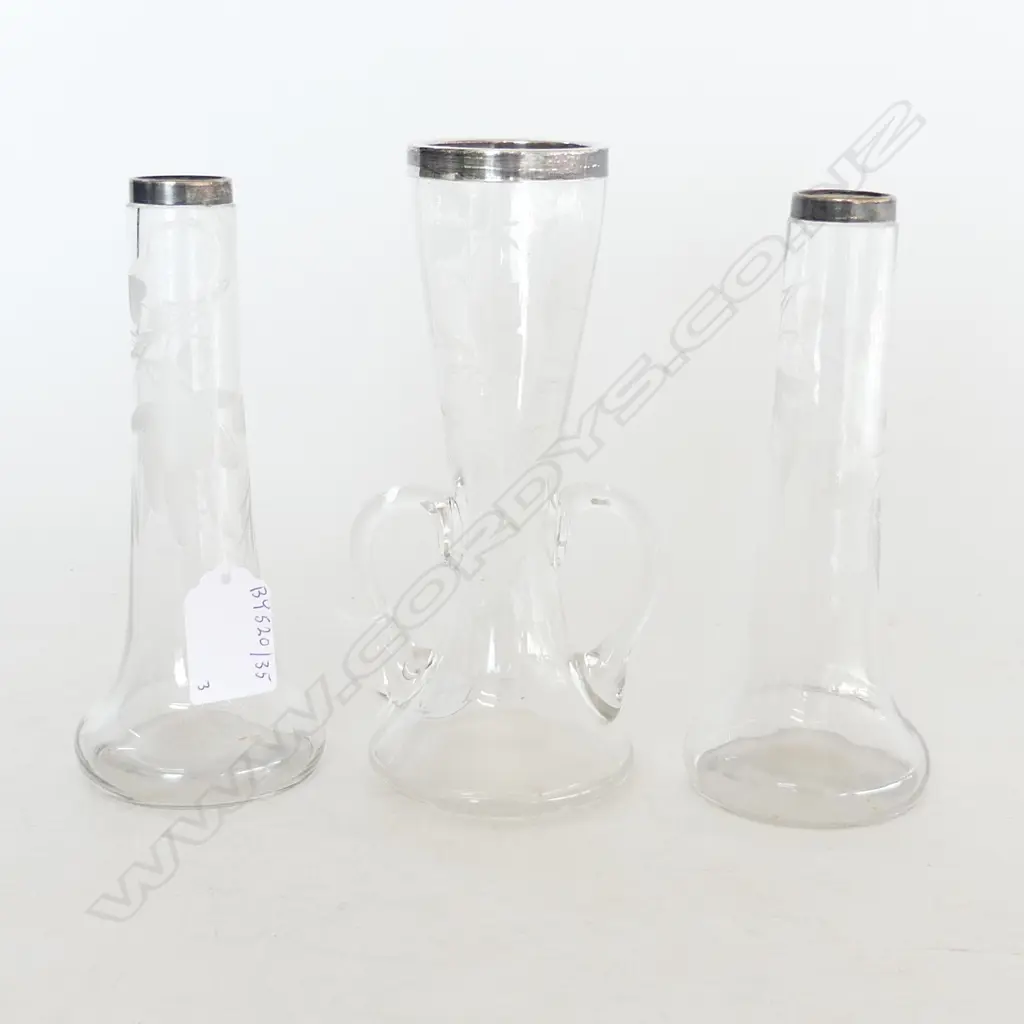 3 EDWARDIAN STERLING SILVER RIMMED ACID ETCHED SPILL VASES TALLEST 170MM Image 1++