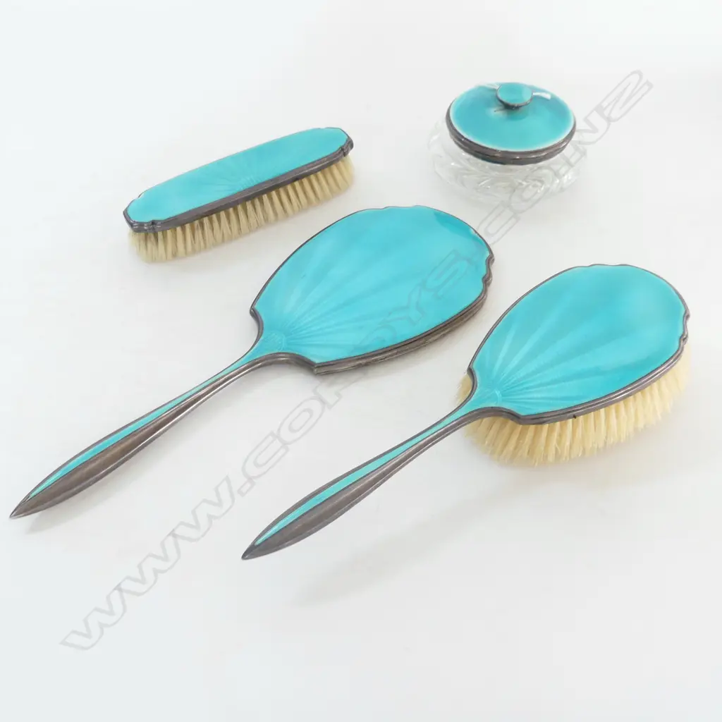 4 PC DRESSING TABLE SET, ST. SILVER & TURQUOISE GUILLOCHE ENAMEL, BIRM. 1928, (wear to lid) Image 1++