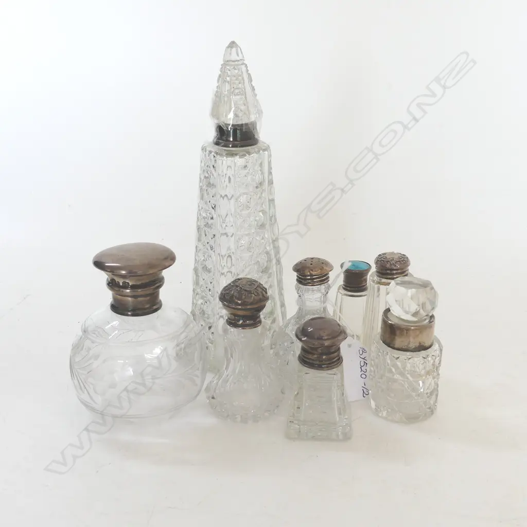 8 ASST. SILVER TOPPED CRYSTAL PERFUME BOTTLES (some damage) Image 1++