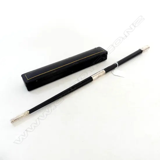C1900 EBONY  SECTION CONDUCTOR'S BATON SILVER FITTINGS the fitted case with end missing
