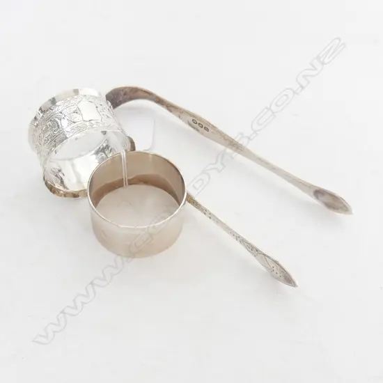 2 S/SILVER NAPKIN RINGS & PR TONGS TOTAL WIEGHT 78GMS