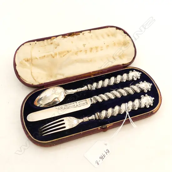 VICTORIAN FANCY WRYTHEN 3 PCE SILVER 3 PIECE CHRISTENING SET Sheffield 1859 knife fork spoon CASED