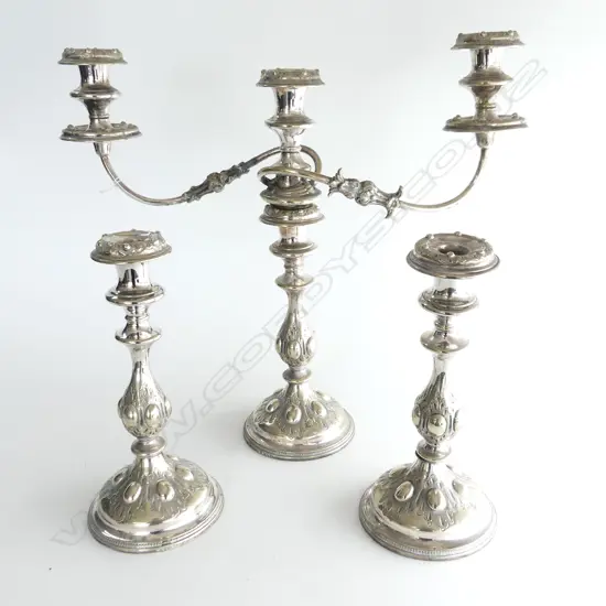 SILVER PLATE CANDELABRA AND MATCHING PAIR OF CANDLESTICKS