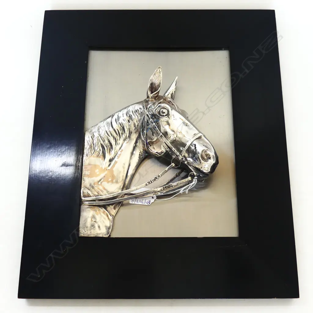 SILVER PLATE HORSES HEAD ARTWORK 295x220mm 3d style in ebonised frame Image 1++