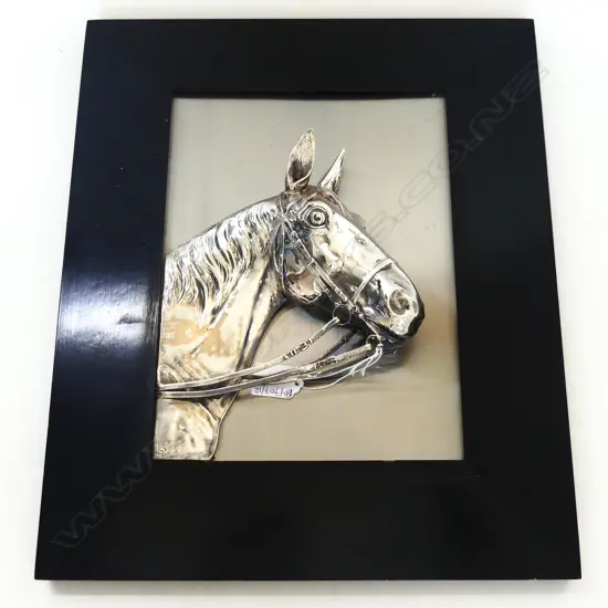 SILVER PLATE HORSES HEAD ARTWORK 295x220mm 3d style in ebonised frame