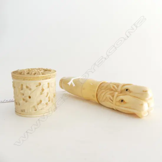 2 PCES IVORY; CORKSCREW w. HORSES HEADS L.120mm, LIDDED CONTAINER H.35mm