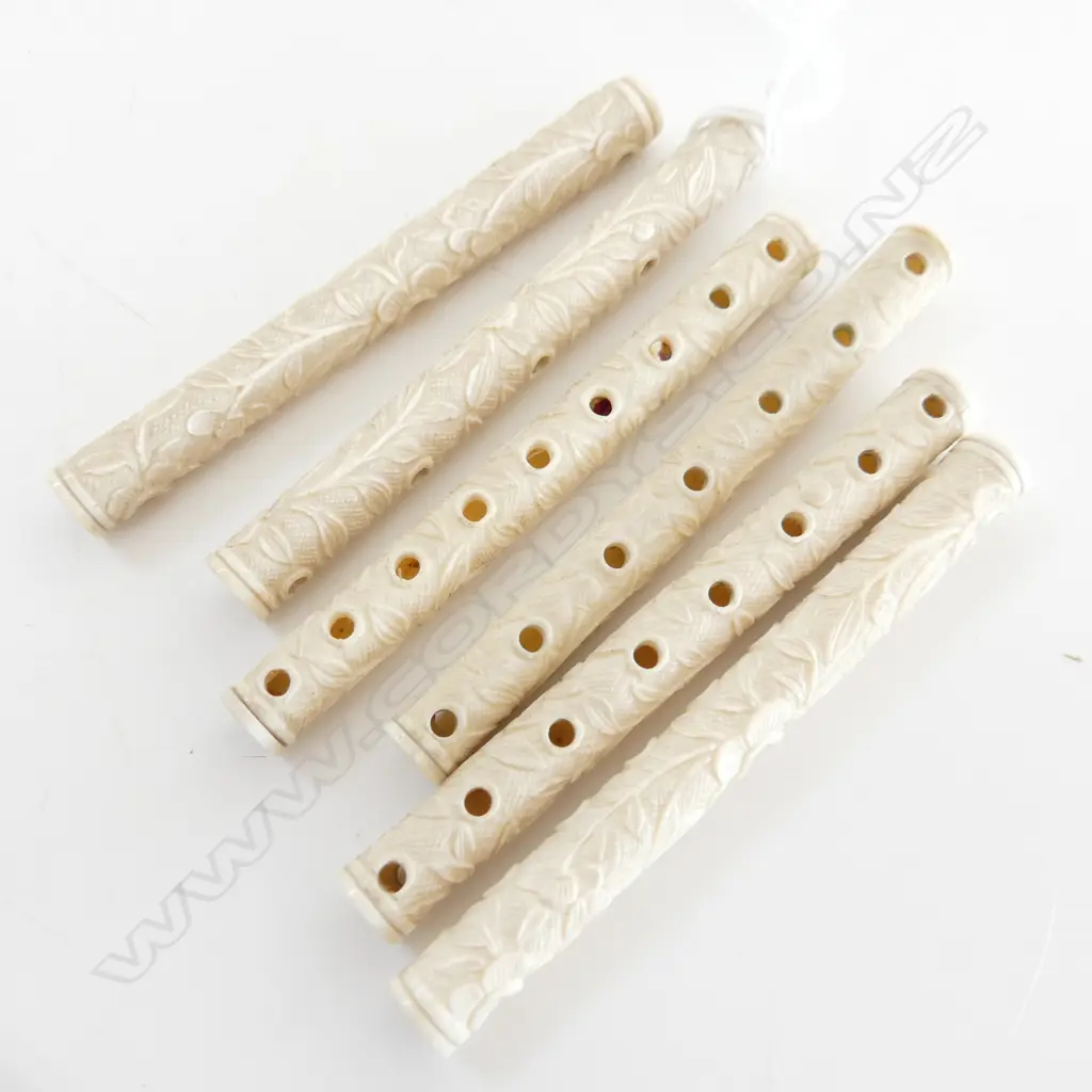 SIX ANTIQUE IVORY FLORAL CARVED CYLINDERS WITH VARIOUS HOLES, ENDS UNSCREW, L.90mm Image 1++