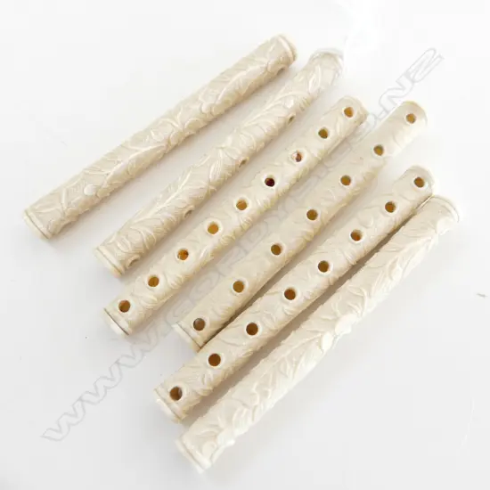 SIX ANTIQUE IVORY FLORAL CARVED CYLINDERS WITH VARIOUS HOLES, ENDS UNSCREW, L.90mm