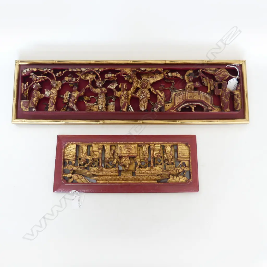 2 CARVED RED LACQUERED AND GILDED CHINESE PANELS L's.635 & 380mm Image 1++