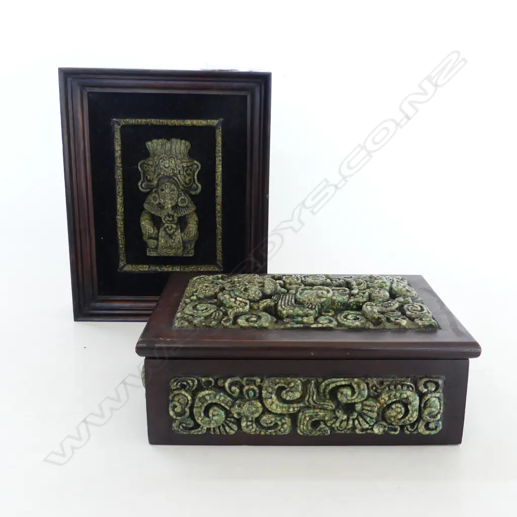 VINTAGE ZAREBSKI FRAMED MAYAN STONE CARVING (220 x 180mm), TOGETH WITH MEXICAN CARVED STONE & WOODEN BOX, W.195mm Image 1++