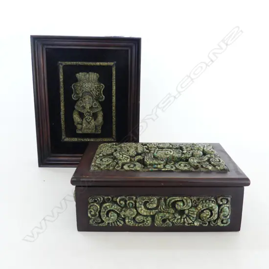 VINTAGE ZAREBSKI FRAMED MAYAN STONE CARVING (220 x 180mm), TOGETH WITH MEXICAN CARVED STONE & WOODEN BOX, W.195mm
