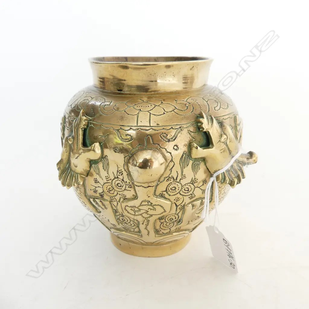 CHINESE BRASS VASE C1900 WITH DRAGONS & PEARL in relief Image 1++