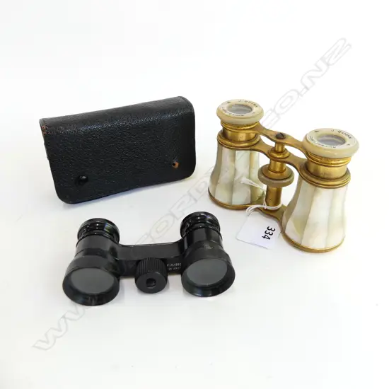 2 PRS OPERA GLASSES: MoP ENGRAVED 1879, GERMAN BUSCH IN LEATHER CASE