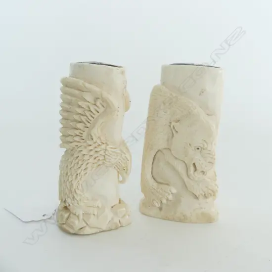 HAND CARVED BONE & ABALONE EAGLE & TIGER SALT & PEPPER SHAKERS, L.92mm