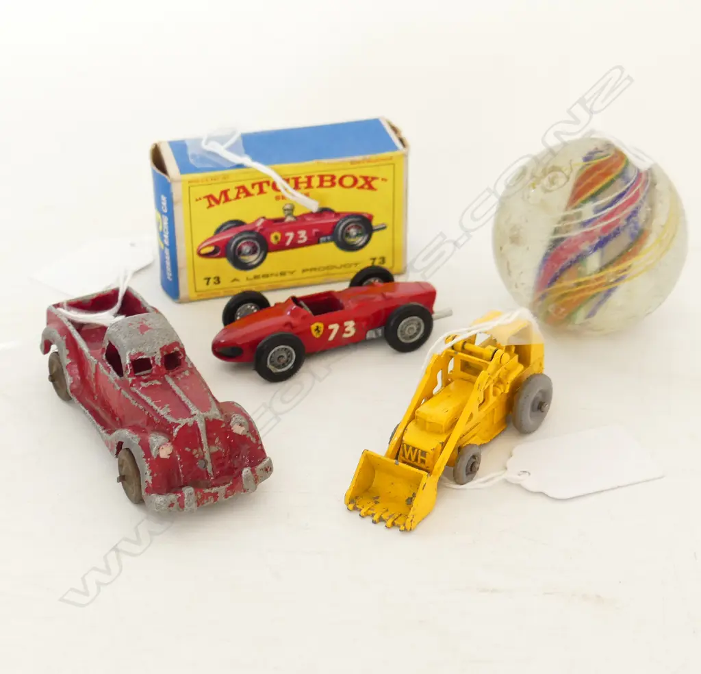 BOXED 73 MATCHBOX FERRARI UNBOXED BULLDOZER FUNHO MINI TRUCK & GIANT VINTAGE SWIRL MARBLE Image 1++