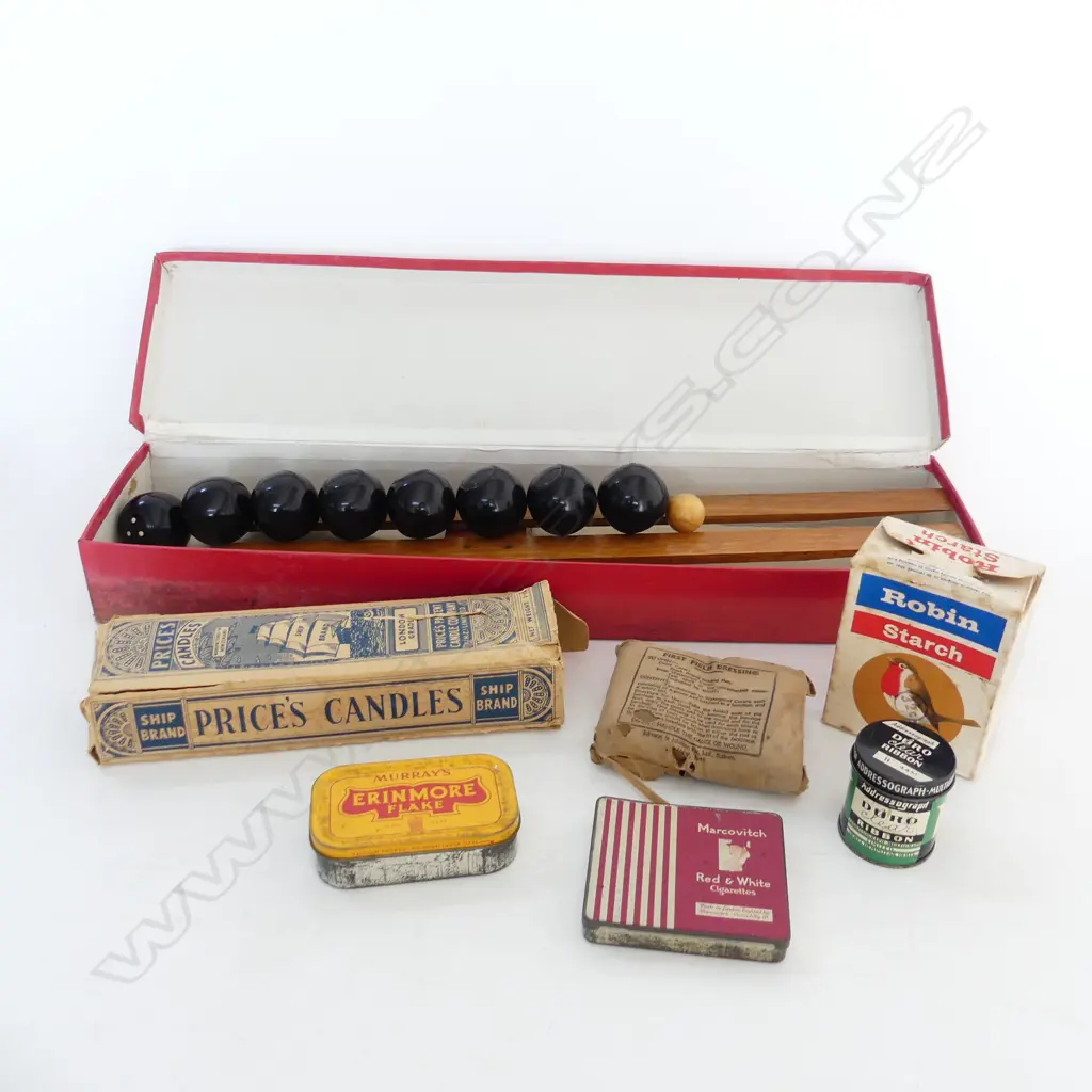 BOX OF COLLECTABLES: TABLE BOWLS + TINS + BANDAGE + candles + starch ETC Image 1++