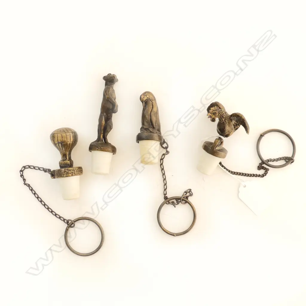 4 HEAVY BRONZE VINTAGE BOTTLE STOPPERS w CHAINS ATTACHED Image 1++