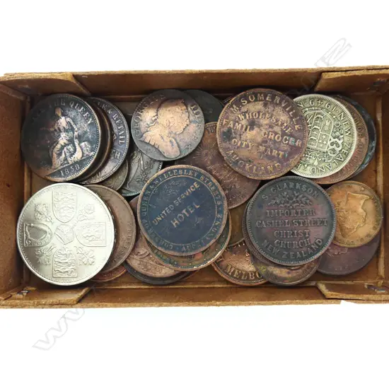 BOX ASST. VICTORIAN TOKENS, COINS ETC
