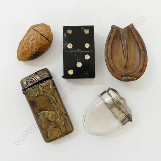 5 NOVELTY ANTIQUE VESTA BOXES: peach pip + domino + horse shoe + Japanese + glass heart form 