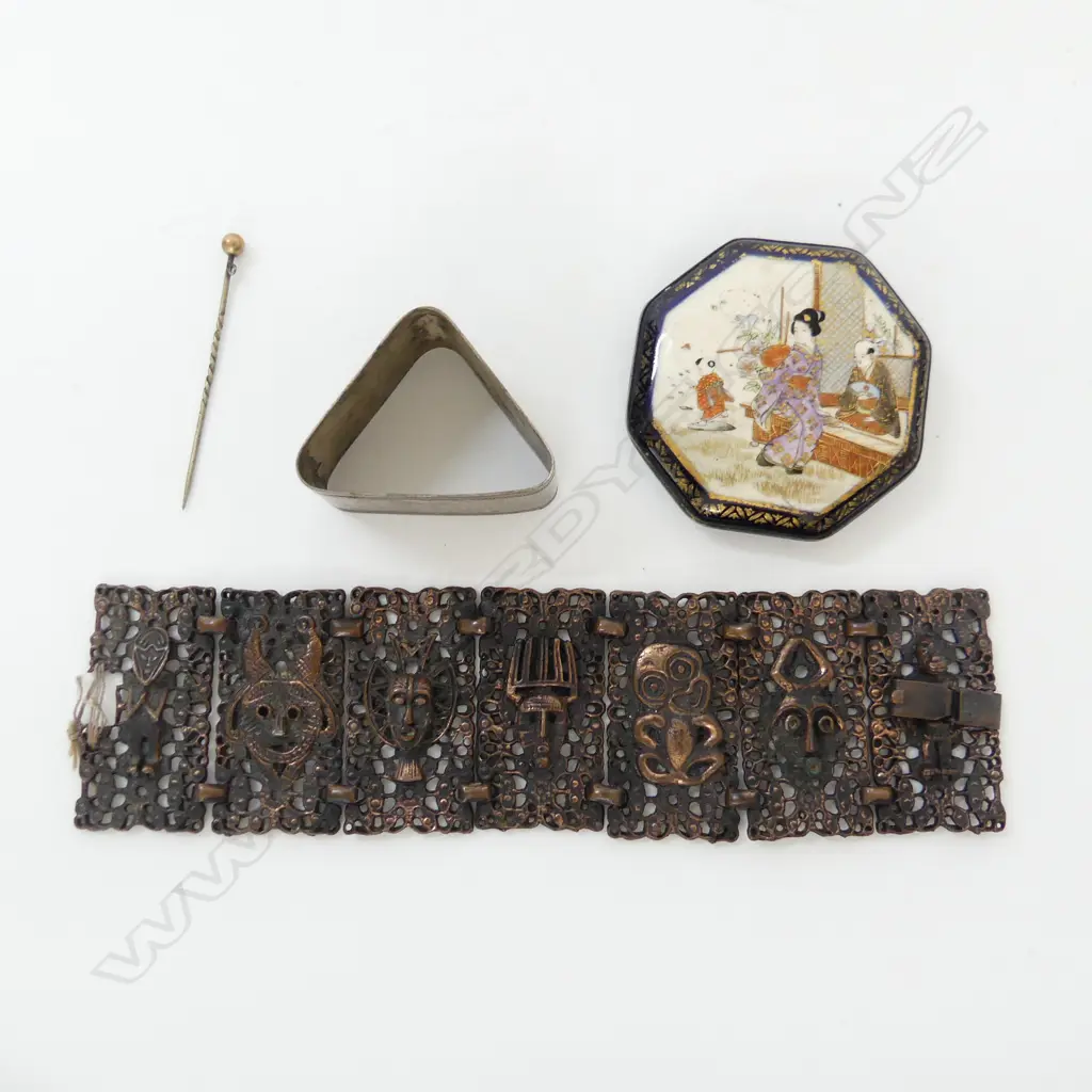 c1900 JAPANESE SATSUMA BUCKLE + SILVER NAPKIN RING + RETRO TRIBAL BRACELET with faults + GOLD TOP PIN Image 1++