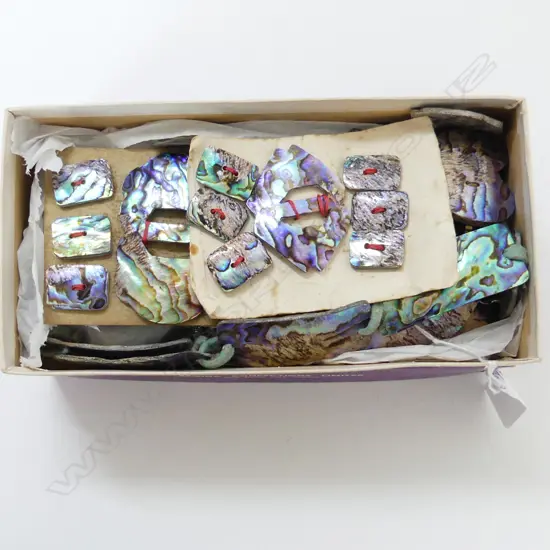 LGE COLLECTION PAUA SHELL BELTS + BUCKLES + BROOCHES + BUTTONS ETC