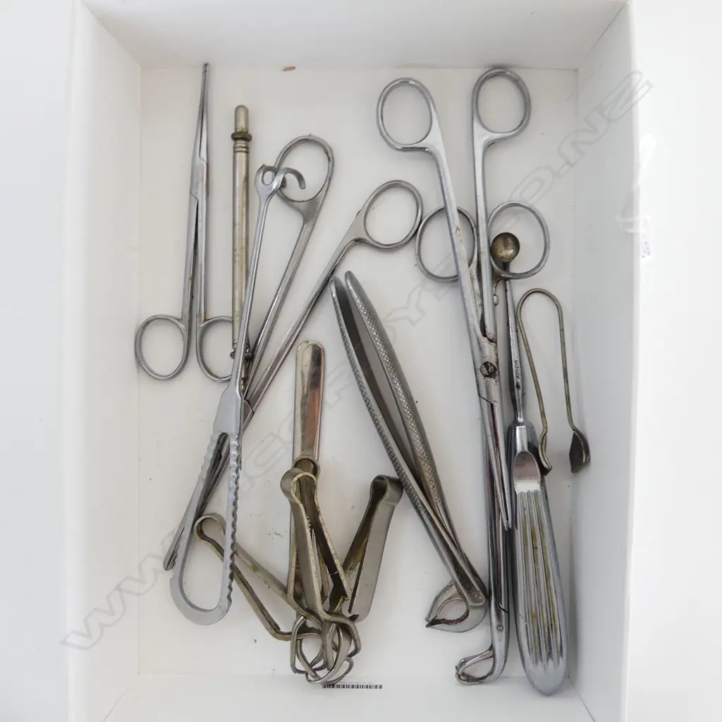  ELEVEN VINTAGE MEDICAL TOOLS ARTERY FORCEPS, PROBE, BONE SCOOP, NASAL SPECULUM, RETRACTOR ETC BY BARD PARKER, HATRICK E Image 1++