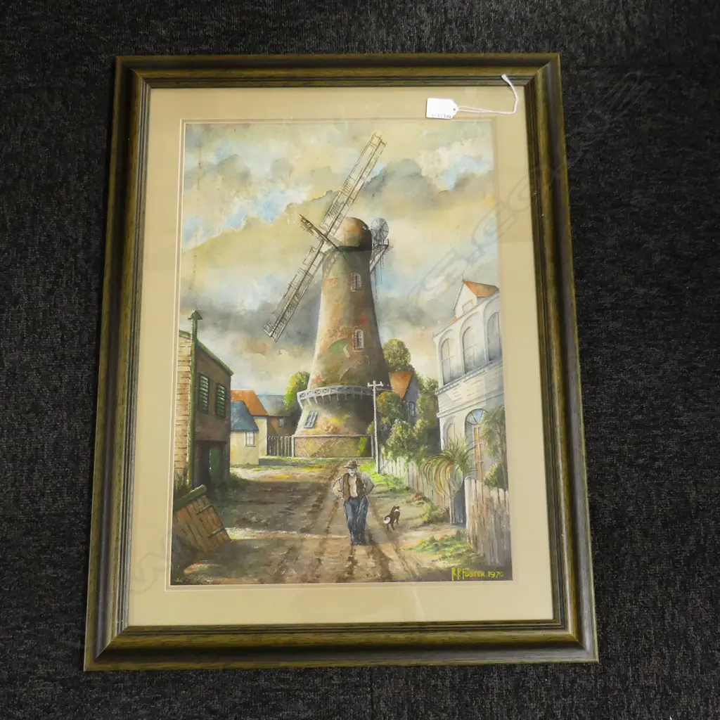 RP FOSTER, STREET SCENE WITH WINDMILL, WATERCOLOUR, SIGNED & DATED 1970, 520 x 355mm Image 1++