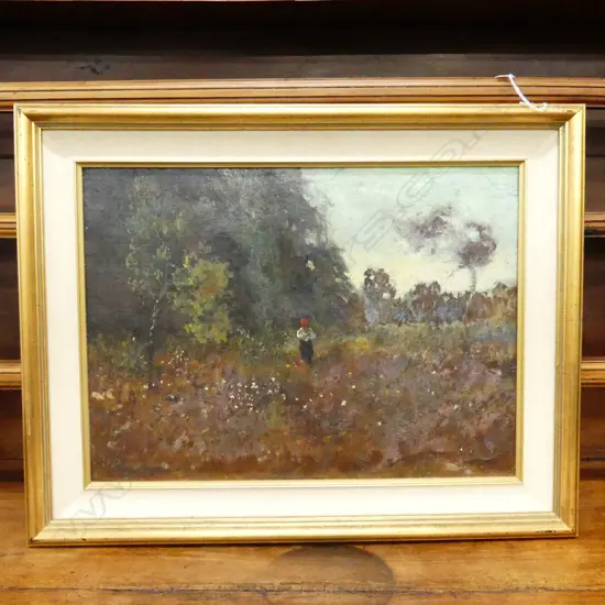 OLD SIGNED OIL GIRL IN MEADOW H470 L570MM
