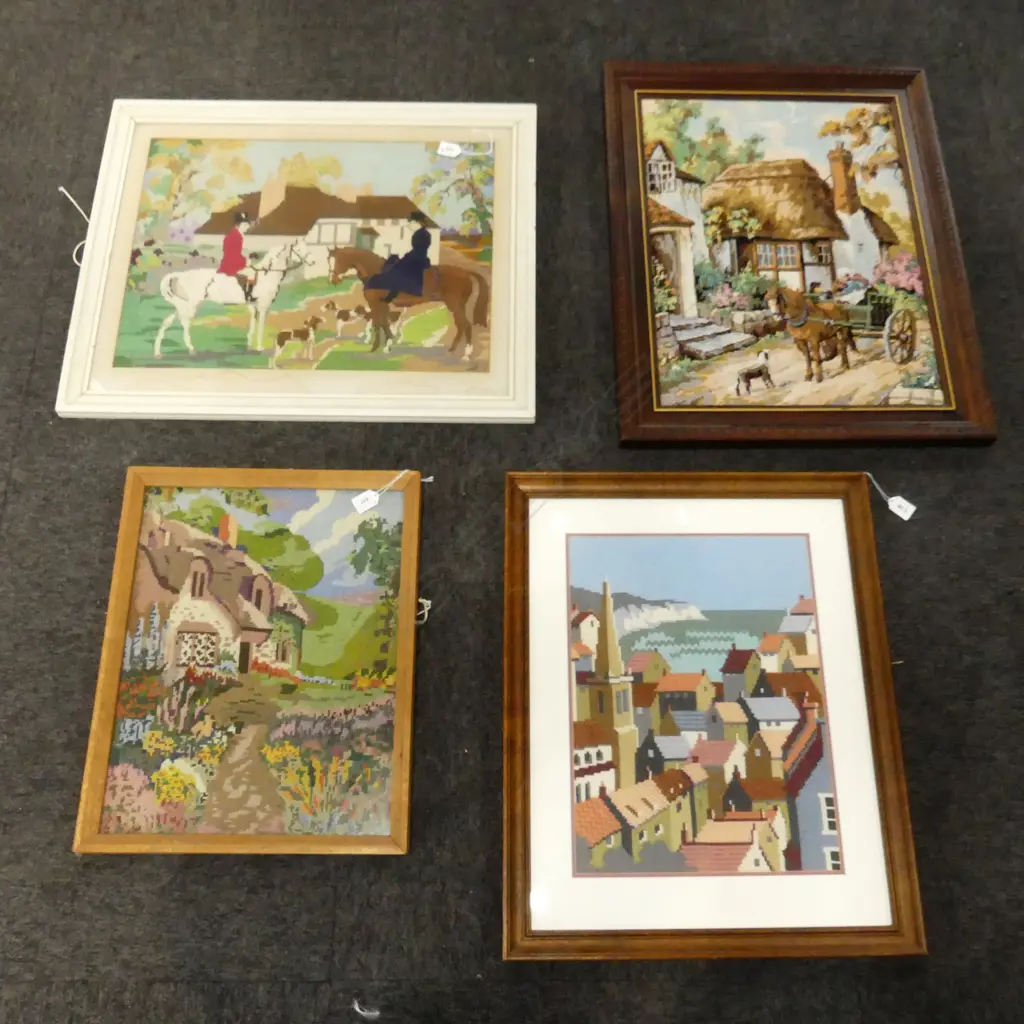 4 FRAMED NEEDLEWORK ARTWORKS; VILLAGE SCENES 565x415mm Image 1++