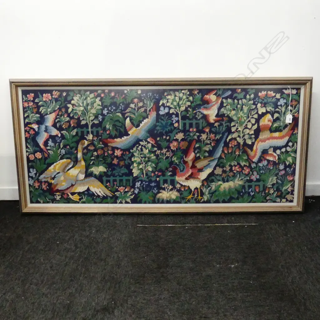 LG FRAMED NEEDLEWORK; BIRDS ON BLUE GROUND, 485x1140mm Image 1++