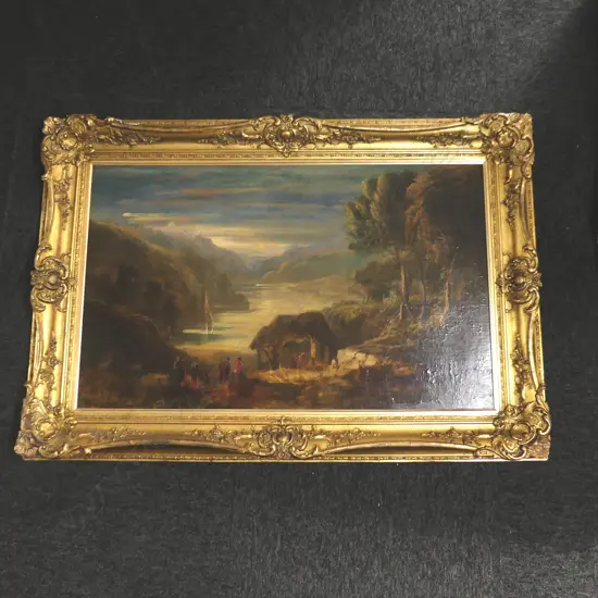 ORNATE GOLDEN FRAME WITH A LANDSCAPE PASTORAL OIL PAINTING ON BOARD, H 470mm x W780mm 
