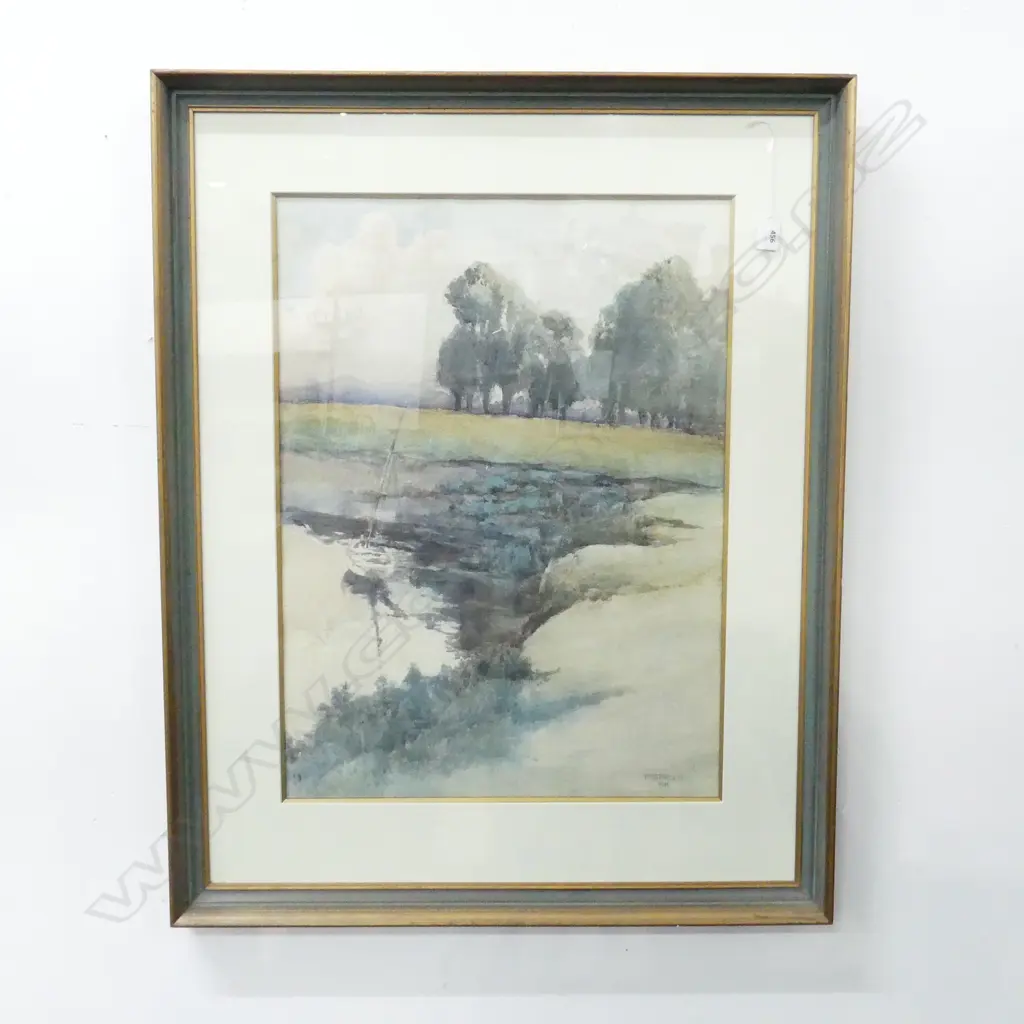 F. E. BOLT, SAILBOAT IN LANDSCAPE, WC 1911 635x470mm Image 1++