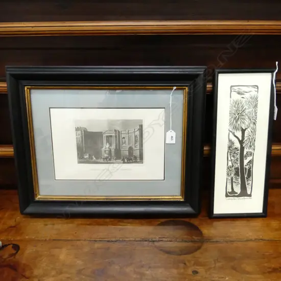 2 ARTWORKS; DAWN MANN 'CABBAGE TREES' PRINT 2006 375x135mm, FRENCH 19thC ARCHITECTURAL RE-PRINT 195x295mm