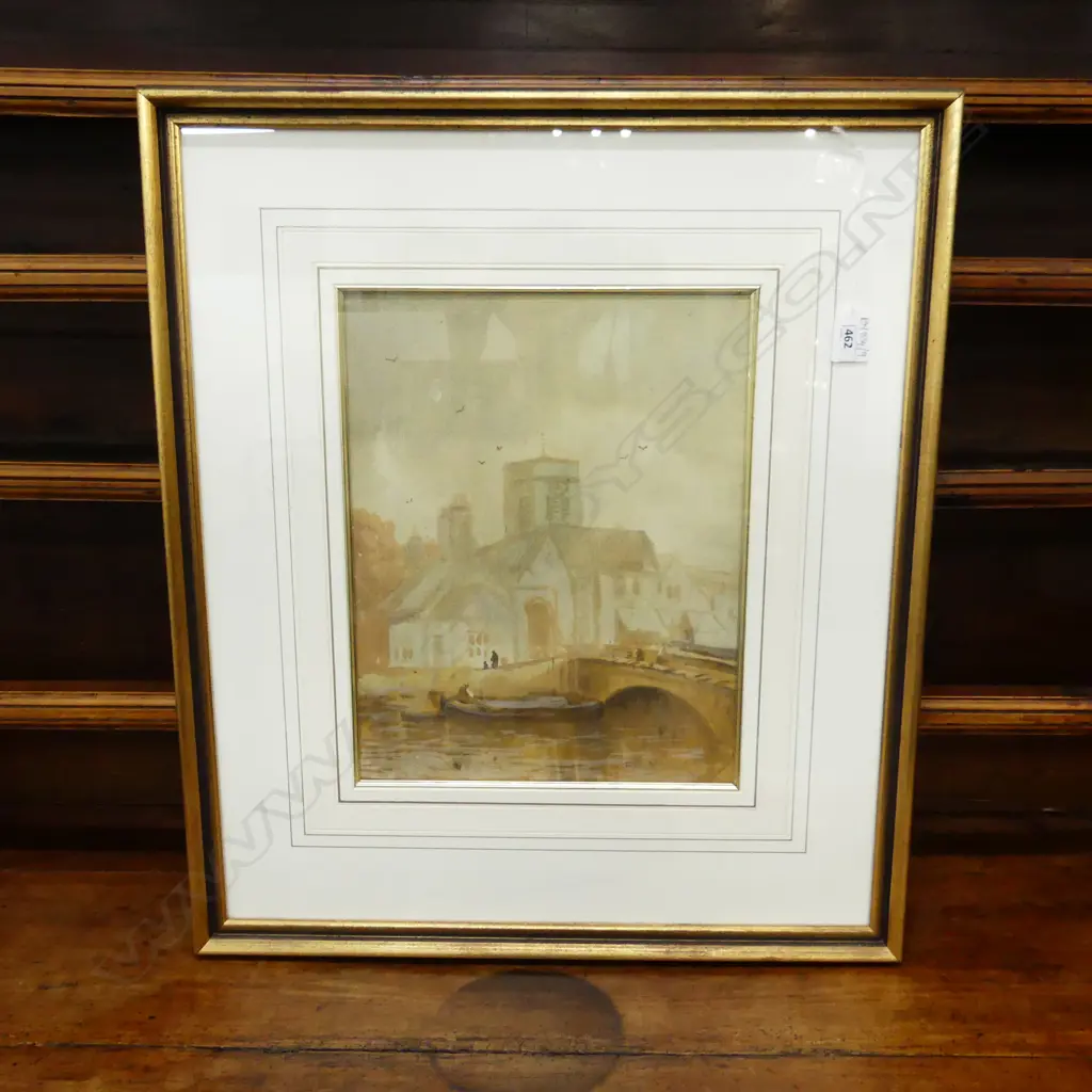 BLYTHE FLETCHER WC, TOWNSCAPE WITH CHURCH & RIVER, 345x270mm Image 1++