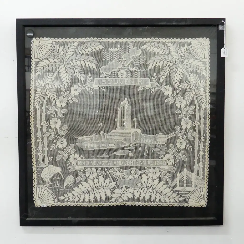 LG FRAMED 1840 1940 NZ CENTENNIAL LACE PANEL SOUVENIR 660x685mm  Image 1++
