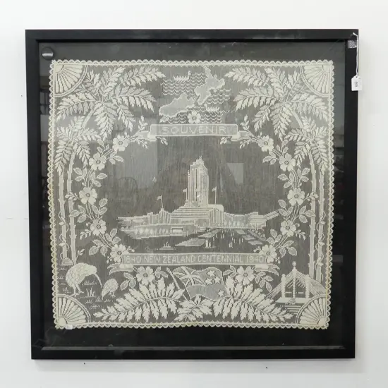LG FRAMED 1840 1940 NZ CENTENNIAL LACE PANEL SOUVENIR 660x685mm 