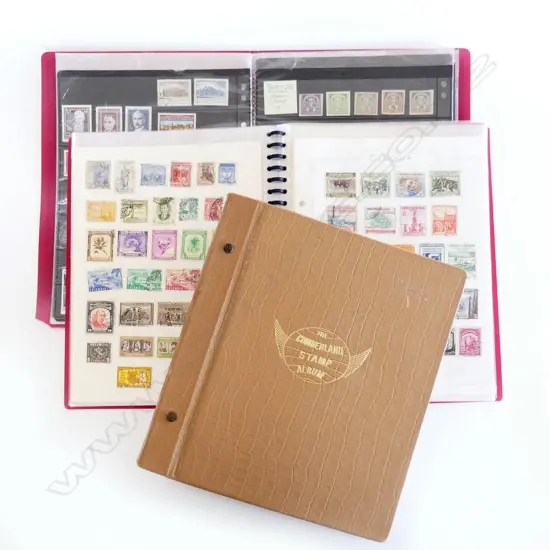 3 WORLD STAMP ALBUMS: 2 RED FOLDERS + BROWN