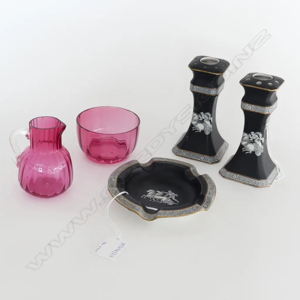 CRANBERRY GLASS CREAM & SUGAR  PR OF CHINA HATPIN HOLDERS & MATCHING ASHTRAY  Image 1++