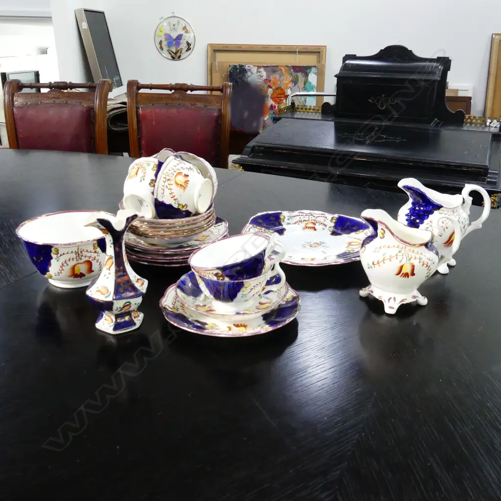 ALLERTONS ENGLISH STAFFORDSHIRE 'GAUDY WELSH' TEASET c.1900, 23 PCS (some staining inside cups & repair to vase) Image 1++