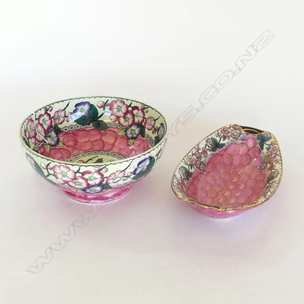 2 PC, LARGE MALING LUSTRE BOWL. Dia.210mm & LONG DISH 'MAYBLOOM' PATTERN 1936, EXCEL CONDITION Image 1++