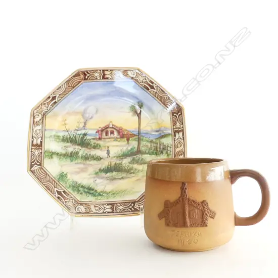 GRIMWADES 'MAORILAND' PLATE,  Dia.180mm & TEMUKA CUP 1980 w MEETING HOUSE RELIEF, signed